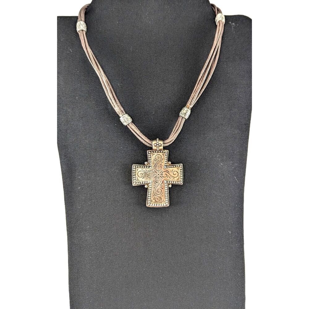 Etched Block Cross on Suede Cord Necklace